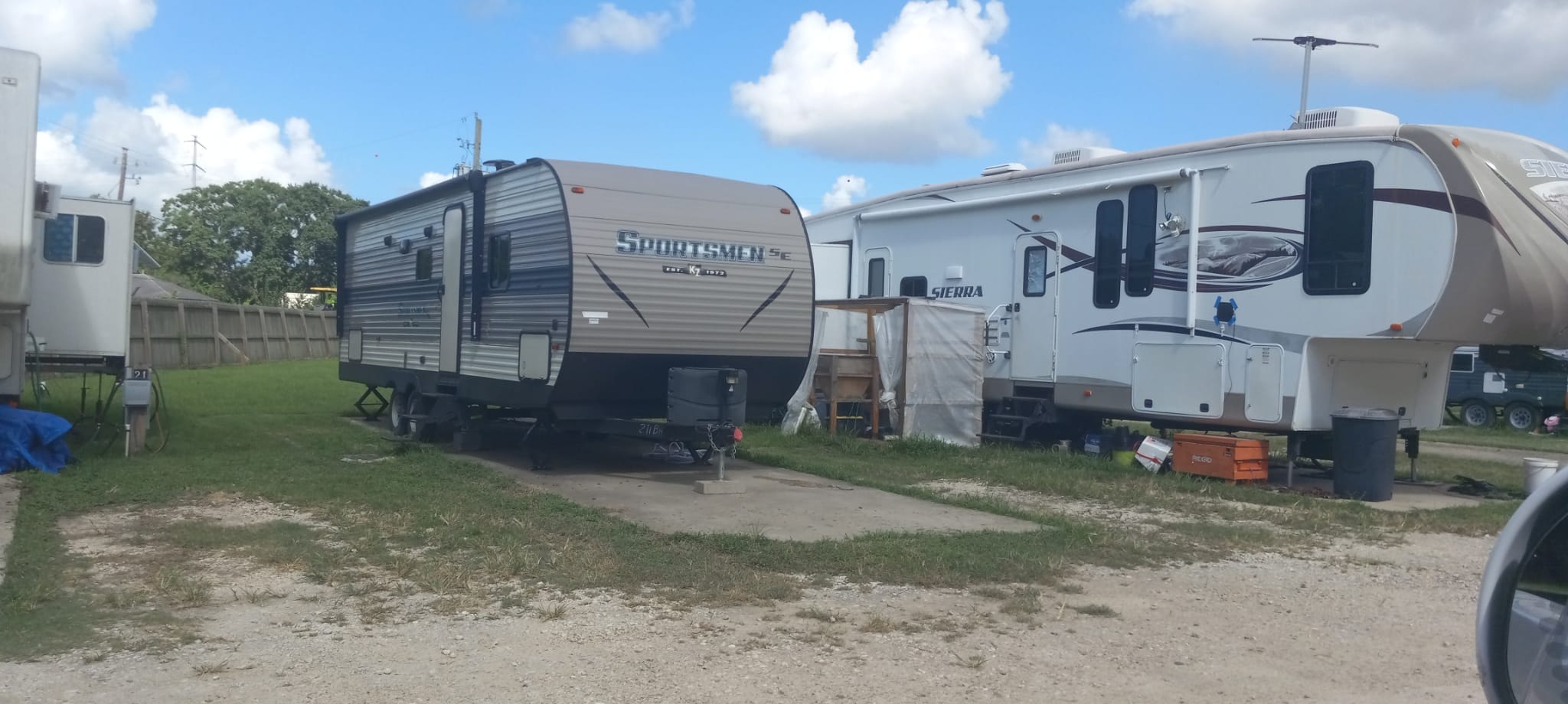 Freeport RV Park — Sportsmen and Sierra travel trailers at their sites
