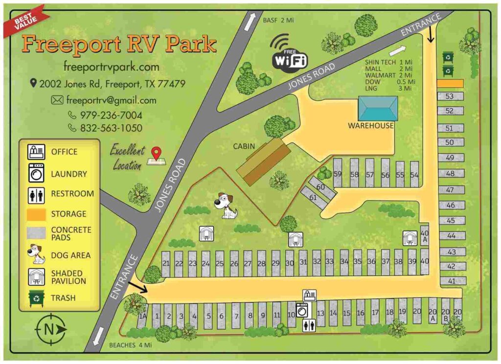 Freeport RV Park map showing RV sites and amenities